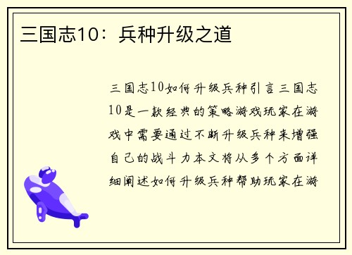 三国志10：兵种升级之道